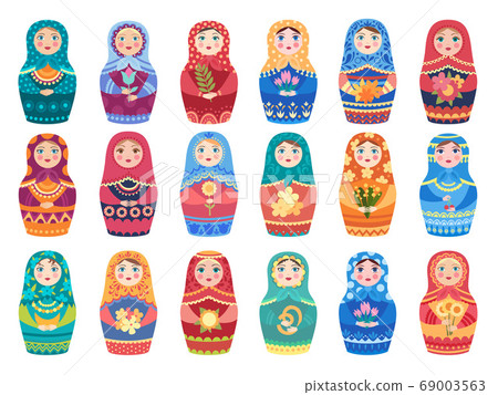 Russian doll colored. Traditional moscow toys authentic floral colored decoration woman or girl vector characters 69003563