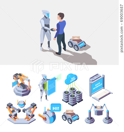 Robotic processes. Smart industry items manufacture engineering production services vector factory isometric 69003687