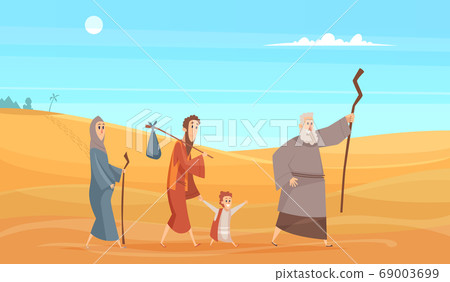 Journey of bible characters. Narrative historical background holy people going in dessert landscape from scenery god vector illustration 69003699