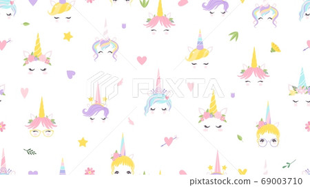 Unicorn faces pattern. Cute magic background. Fairy tale print for baby girl vector illustration Unicorn faces pattern. Cute magic background. Fairy tale print for baby girl vector illustration 69003710