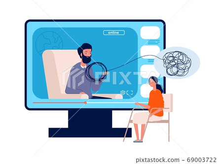 Online psychotherapy. Psychologist consultation, adult web mental health conference. Woman need help, doctor and patient vector illustration 69003722