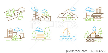 Linear landscape. Tree hills clouds houses park vector thin line illustrations 69003772