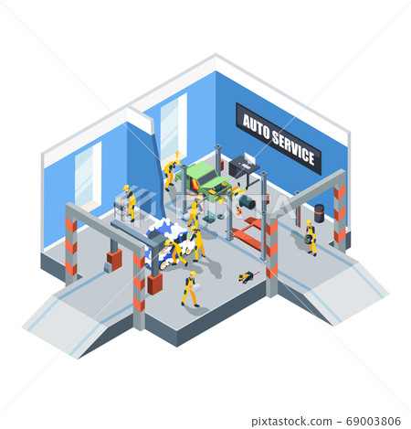 Car washing. Auto service repair and cleaning service mechanic workers in garage interior vector isometric cars and people Car washing. Auto service repair and cleaning service mechanic workers in garage interior vector isometric cars and people 69003806