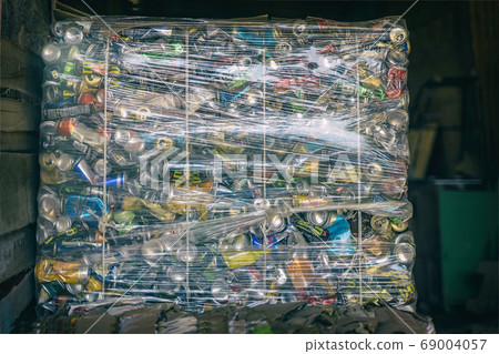 Large container full of compressed aluminium cans. 69004057