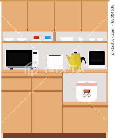 Illustration of wooden cupboard and home appliances interior kitchen tableware shelf vector 69004636