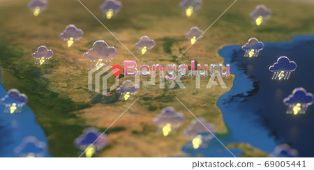 Stormy weather icons near Bengaluru city on the map, weather forecast related 3D rendering 69005441