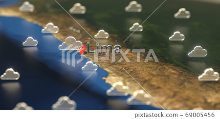 Cloudy weather icons near Lima city on the map, weather forecast related 3D rendering Cloudy weather icons near Lima city on the map, weather forecast related 3D rendering 69005456