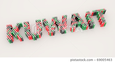 KUWAIT text made with many batteries. Electrical technologies related 3d rendering 69005463
