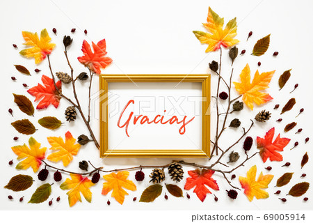 Colorful Autumn Leaf Decoration, Golden Frame, 69005914