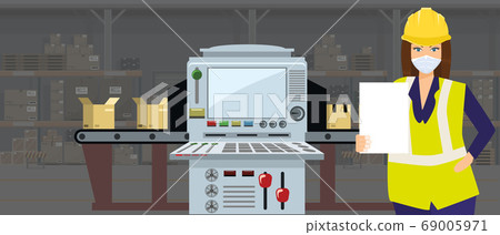 Woman in construction helmet holding white paper in her hand. Flat and solid color vector illustration. Woman in construction helmet holding white paper in her hand. Flat and solid color vector illustration. 69005971