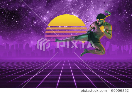 Synth wave and retro wave, vaporwave futuristic aesthetics. Sportsman in glowing neon style. Synth wave and retro wave, vaporwave futuristic aesthetics. Sportsman in glowing neon style. 69006862