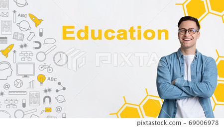 Young School Teacher Man Standing Posing Over White Background, Collage 69006978