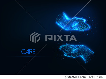 Futuristic protection, caring concept with glowing low polygonal embracing human hands Futuristic protection, caring concept with glowing low polygonal embracing human hands 69007302