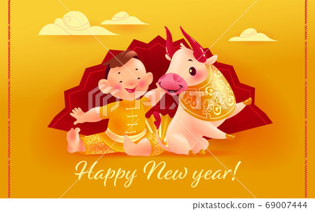 Chinese new year congratulation card, invitation, calendar design with oriental animal bull mascot and boy character in hanfu suit sit at big hand fan on yellow clouded background.  69007444