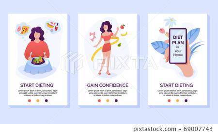 Dieting and weight loss mobile website vector template. Healthy eating cellphone web page interface with walkthrough steps instructions Dieting and weight loss mobile website vector template. Healthy eating cellphone web page interface with walkthrough steps instructions 69007743