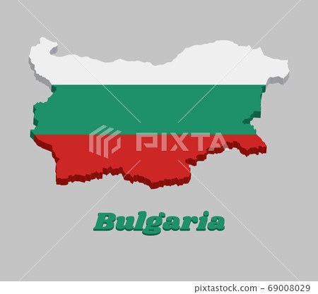 3D Map outline and flag of Bulgaria, a horizontal tricolor of white, green and red. 3D Map outline and flag of Bulgaria, a horizontal tricolor of white, green and red. 69008029