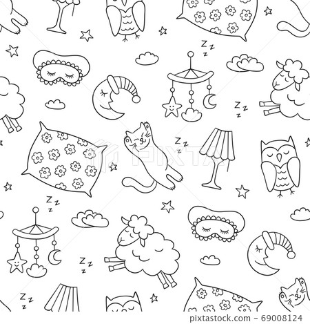 Good night. Sleep seamless pattern in doodle style. Hand drawn vector illustration 69008124