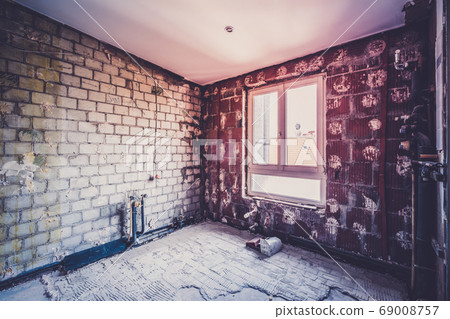 empty bathroom during renovation, sanitary refurbishment empty bathroom during renovation, sanitary refurbishment 69008757