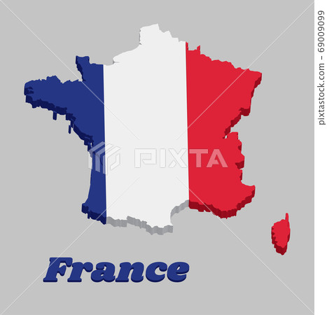 3D Map outline and flag of France, it is a vertical tricolor of blue white and red 69009099