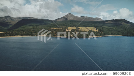 Scotland's ocean bay scenery aerial panoramic view from Goat fell, Brodick Harbour, Arran Island 69009208