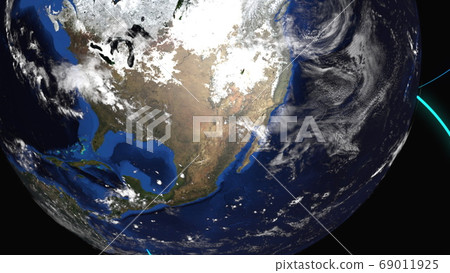Computer generated Earth connection in outer space. Close-up of a spinning planet with neon connecting beams. 3d rendering of elements of this image are presented by NASA Computer generated Earth connection in outer space. Close-up of a spinning planet with neon connecting beams. 3d rendering of elements of this image are presented by NASA 69011925