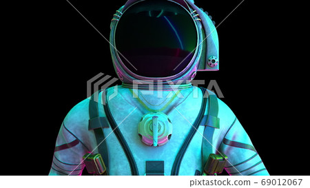 An astronaut in a metal protective suit in the light of neon lights. Computer generated space background, 3D rendering 69012067