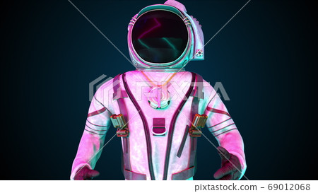 An astronaut in a metal protective suit in the light of neon lights. Computer generated space background, 3D rendering An astronaut in a metal protective suit in the light of neon lights. Computer generated space background, 3D rendering 69012068