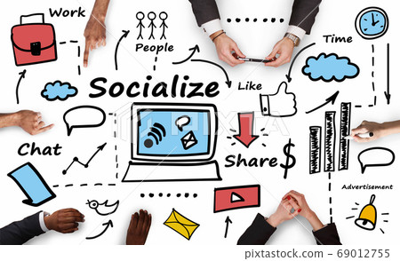 People Networking Using Internet Over White Background, Collage With Icons People Networking Using Internet Over White Background, Collage With Icons 69012755