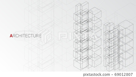Abstract Vector Illustration Of Highrise Buildings Over Gray Background, Panorama 69012807