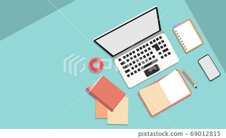 Illustration With Laptop Computer And Books On Desk, Blue Background Illustration With Laptop Computer And Books On Desk, Blue Background 69012815