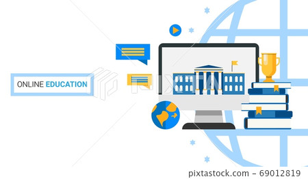 Web Education Illustration With Computer, Books And University, White Background Web Education Illustration With Computer, Books And University, White Background 69012819