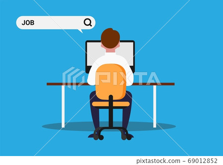 Man At Computer Seeking Employment Using Online Service, Blue Background Man At Computer Seeking Employment Using Online Service, Blue Background 69012852