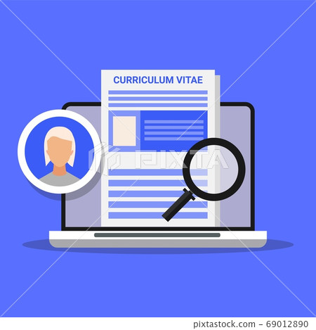 Laptop With Job Applicant's Curriculum Vitae Over Blue Background, Illustration Laptop With Job Applicant's Curriculum Vitae Over Blue Background, Illustration 69012890