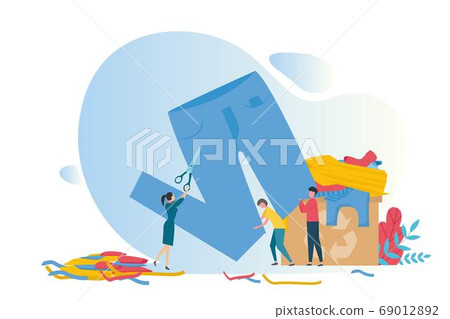 Secondary use of waste. People upcycling old jeans over white background, flat vector illustration 69012892