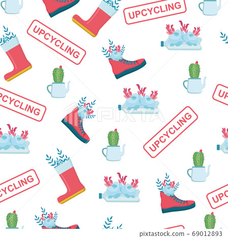 Upcycling. Vector seamless pattern with plastic bottles, shoes and teapots used as flower pots on white background Upcycling. Vector seamless pattern with plastic bottles, shoes and teapots used as flower pots on white background 69012893