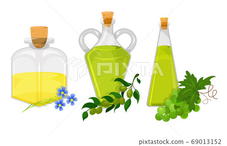 Organic Oil Poured in Glass Jars Vector Set 69013152