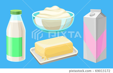 Carton of Milk and Sour Cream in Bowl as Dairy Product Vector Illustration Set Carton of Milk and Sour Cream in Bowl as Dairy Product Vector Illustration Set 69013172