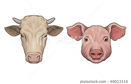 Cow with Horns and Pig Muzzle with Fur Vector Set Cow with Horns and Pig Muzzle with Fur Vector Set 69013318