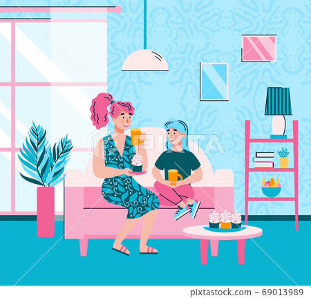 Mother and daughter having a break for tea and talk, flat vector illustration. 69013989