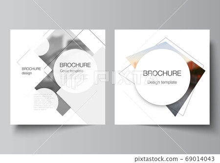 Vector layout of two square format covers design templates with geometric simple shapes, lines and photo place for brochure, flyer, magazine, cover design, book, brochure cover. Vector layout of two square format covers design templates with geometric simple shapes, lines and photo place for brochure, flyer, magazine, cover design, book, brochure cover. 69014043