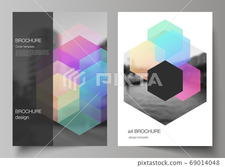 Vector layout of A4 format cover mockups design templates with colorful hexagons, geometric shapes, tech background for brochure, flyer layout, booklet, cover design, book design, brochure cover. 69014048
