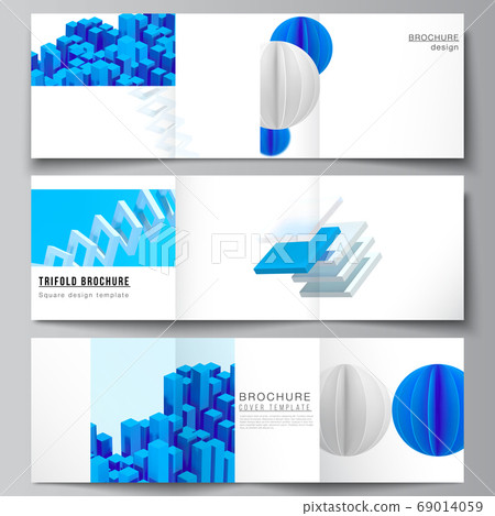 Vector layout of square covers design templates for trifold brochure, flyer, magazine, cover design, book design. 3d render vector composition with dynamic realistic geometric blue shapes in motion. Vector layout of square covers design templates for trifold brochure, flyer, magazine, cover design, book design. 3d render vector composition with dynamic realistic geometric blue shapes in motion. 69014059