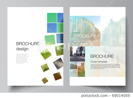 Vector layout of A4 cover mockups design templates for brochure, flyer layout, booklet, cover design, book design, brochure cover. Abstract project with clipping mask green squares for your photo. 69014089