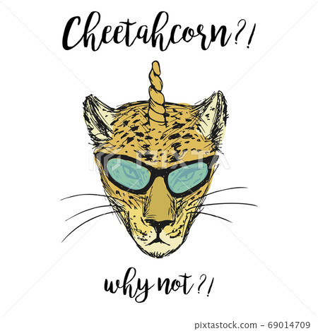 Hand Drawn Fashion Portrait of cheetah with horn 69014709