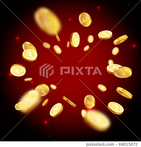 Realistic Gold coins explosion, on red background. 69015072