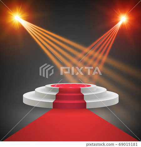 Red carpet with round podium. Pedestal or 69015181