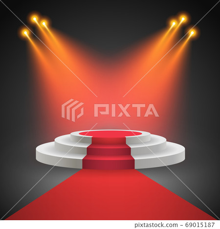 Red carpet with round podium. Pedestal or 69015187