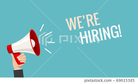 We hiring now banner job offer vector background. Hiring promotion megaphone employee illustration 69015385