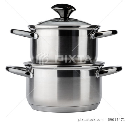 Set of new metal saucepans isolated on white 69015471