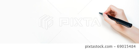 web banner work and learn online in new normal black pen in woman hand write to white background 69015484